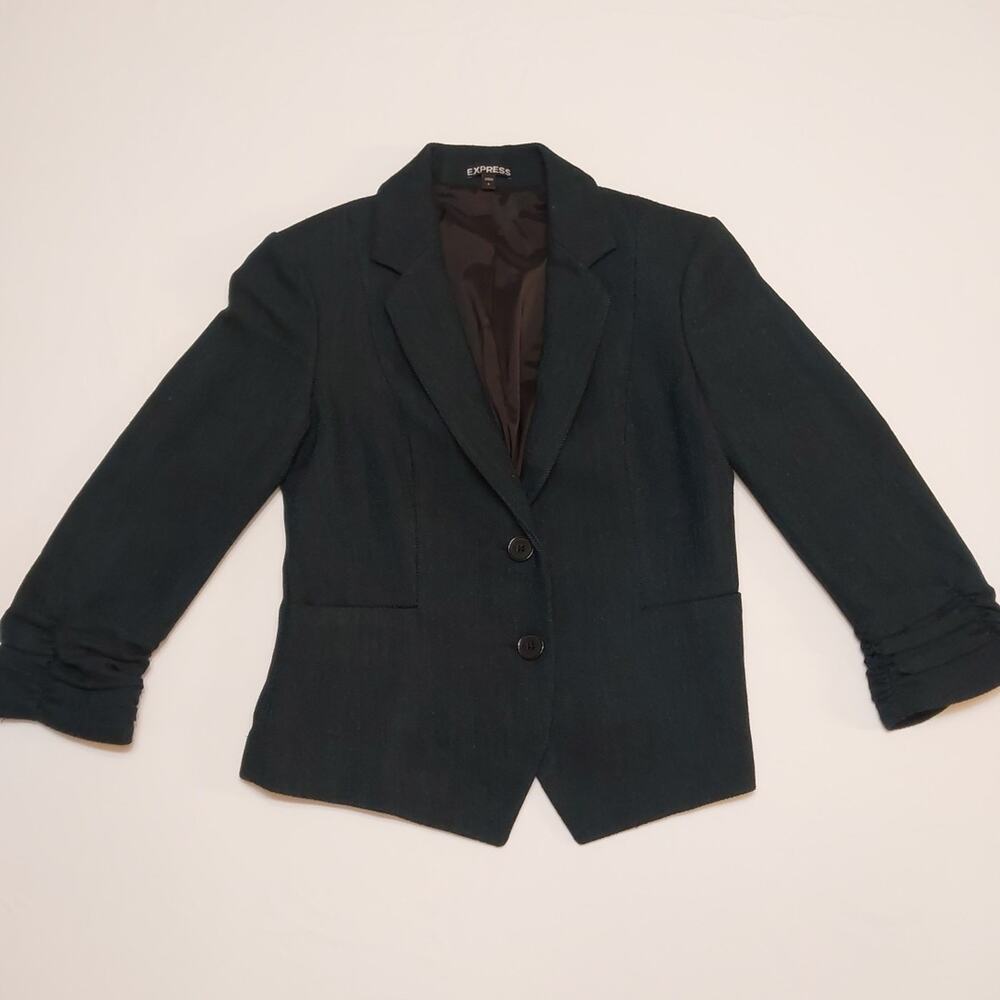 Express Women's Size 6 Black Turquoise Jacket Blazer Suit 2 Button Ruched Sleeve